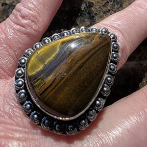 Iron Tiger's Eye Gemstone Ring in Sterling Silver Overlay (Adjustable)